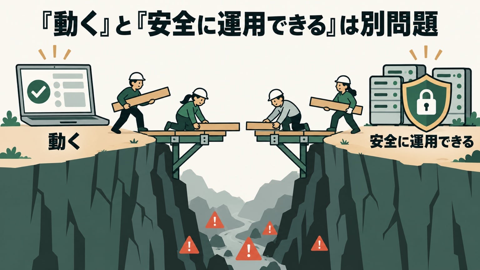 「『動く』と『安全に運用できる』は別問題」。左の「動く」アプリと、右の「安全に運用できる」サーバーのあいだに溝があり、エンジニアが橋を架けている図