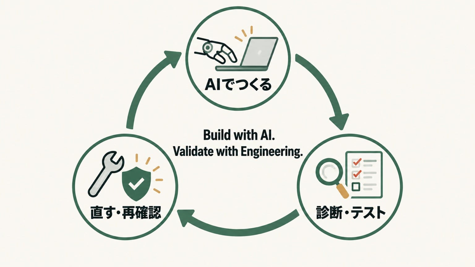 「AIでつくる」「診断・テスト」「直す・再確認」が矢印で循環し、中央に Build with AI. Validate with Engineering. と書かれた図