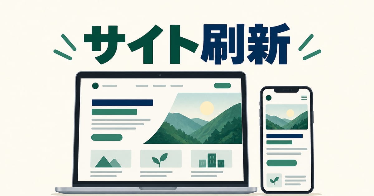 ノートパソコンとスマートフォンに新しいコーポレートサイトが表示され、「サイト刷新」と書かれたイラスト
