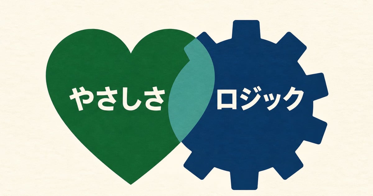 「やさしさ」と書かれたハートと「ロジック」と書かれた歯車が、中央で重なり合っているイラスト