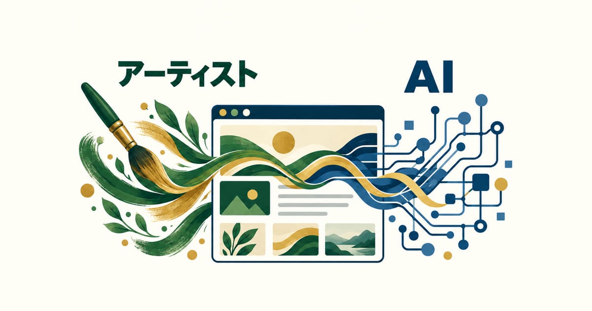 左から絵筆の線、右から回路の線が伸びて中央のWeb画面で交わり、「アーティスト」「AI」と書かれたイラスト